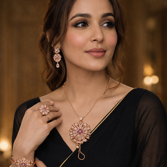 Luxury Rose Gold Floral Jewelry Set with Crystal Stones