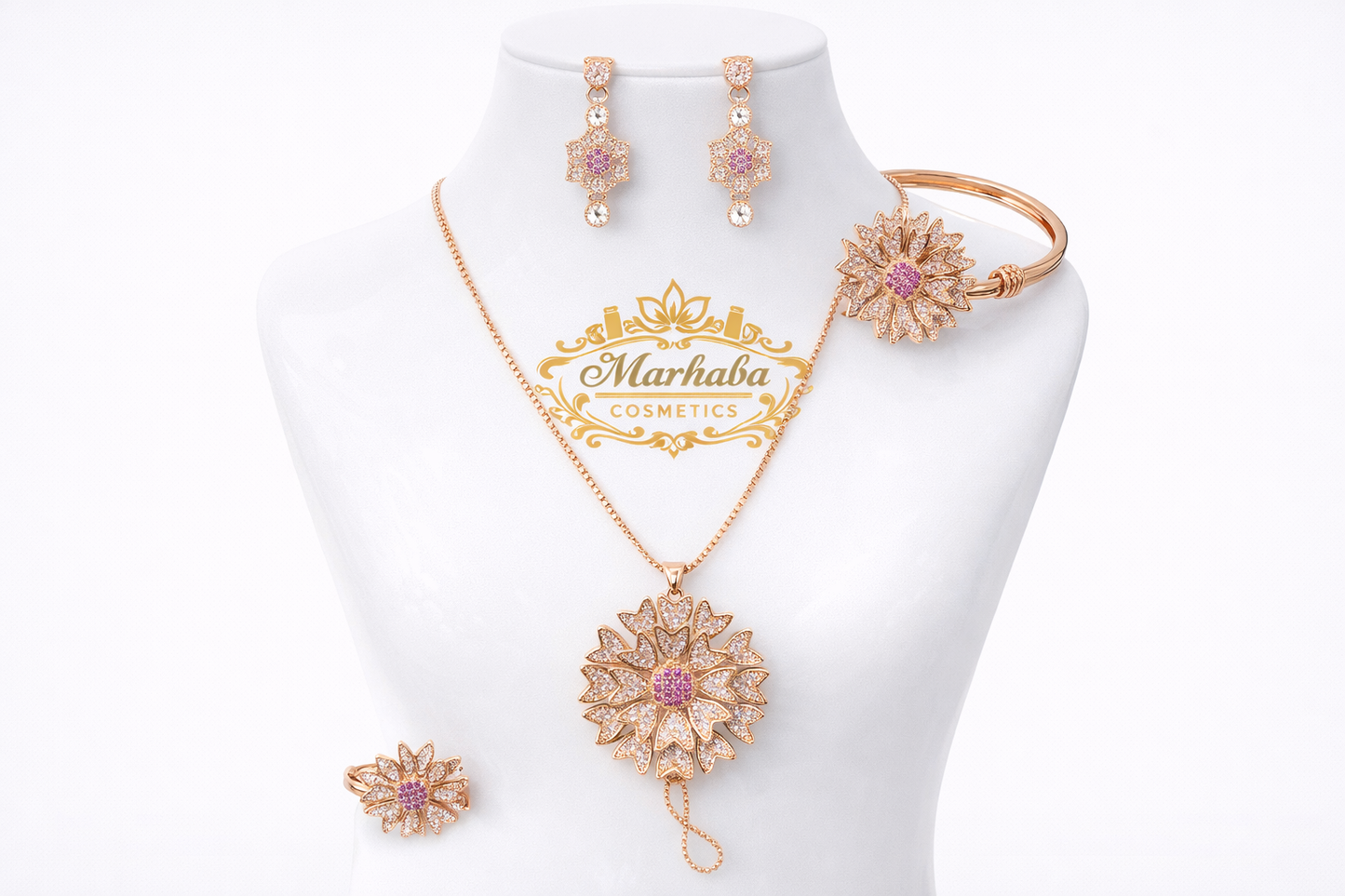 Luxury Rose Gold Floral Jewelry Set with Crystal Stones